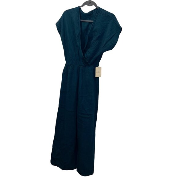 Willow NEW NWT teal crinkle cotton faux wrap top jumpsuit M - Picture 1 of 4